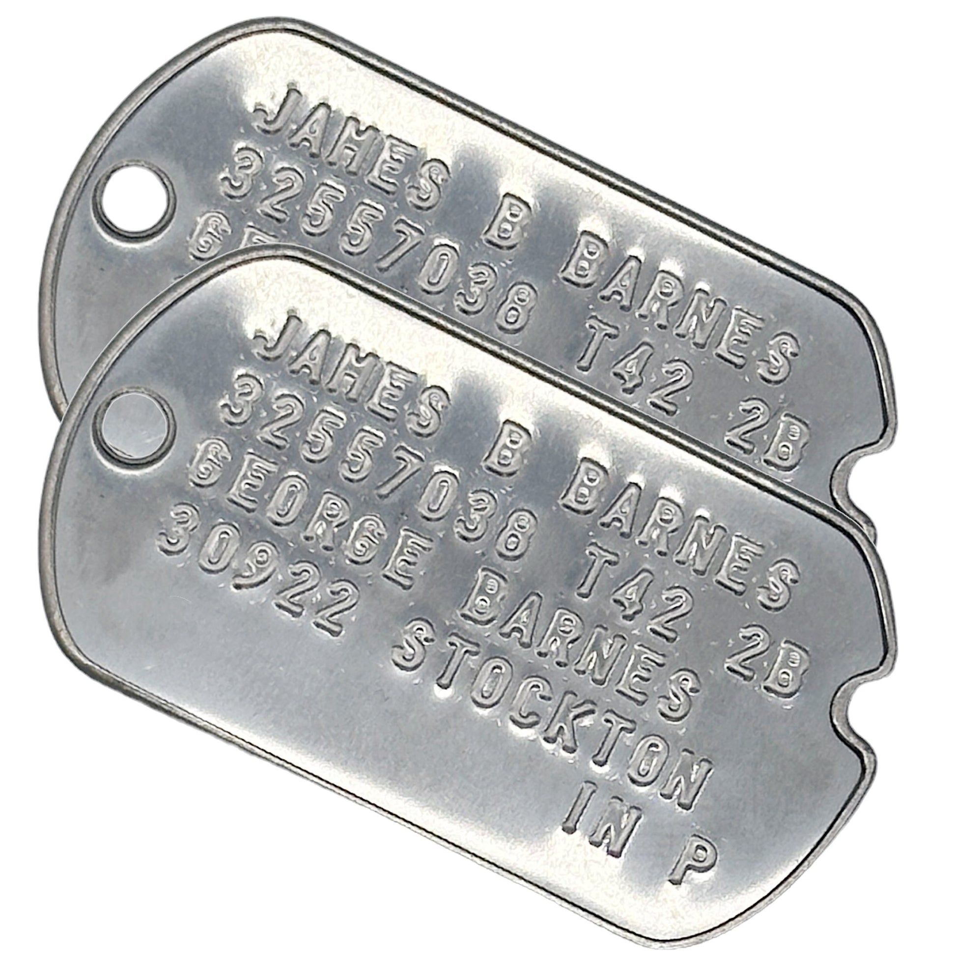 James 'Bucky' Barnes WWII Style Military Dog Tags Prop Replica - Notched pre 1965 WW2 - Stainless Steel - Chain Included - TheDogTagCo