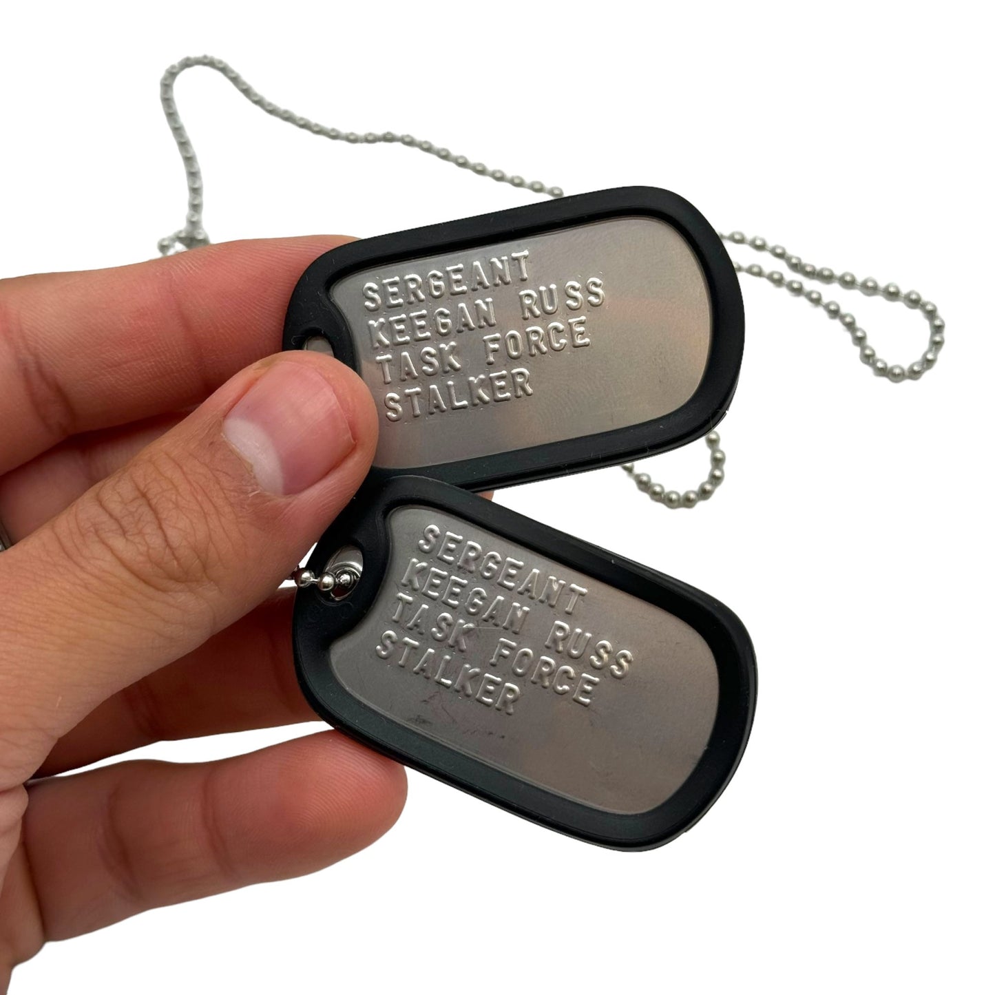 'KEEGAN RUSS' Military Dog Tags - Cosplay Costume Prop Replica - Stainless Steel Chains Included - TheDogTagCo