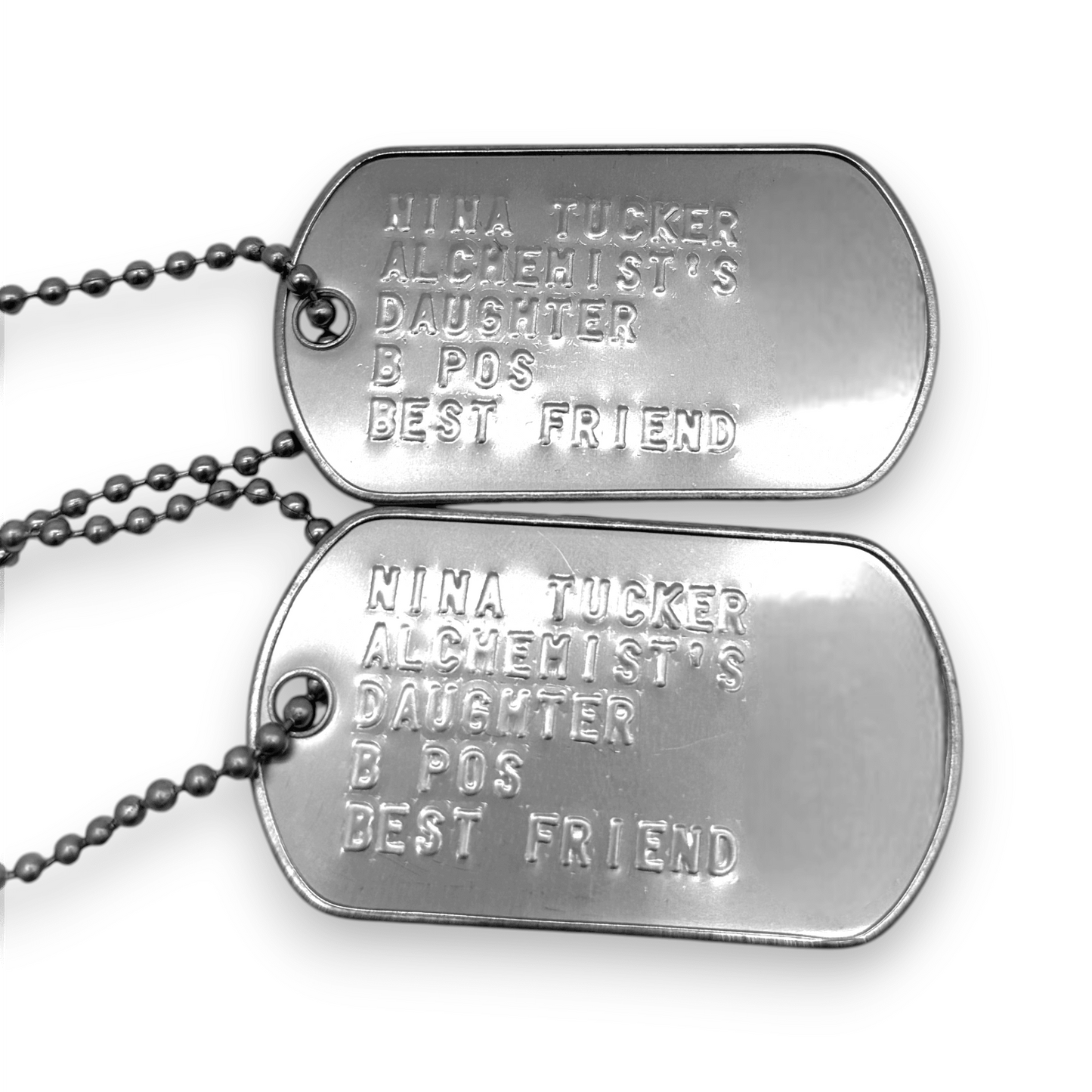 'NINA TUCKER' Dog Tags - Costume Cosplay Prop Replica Military - Stainless Steel Chains Included - TheDogTagCo
