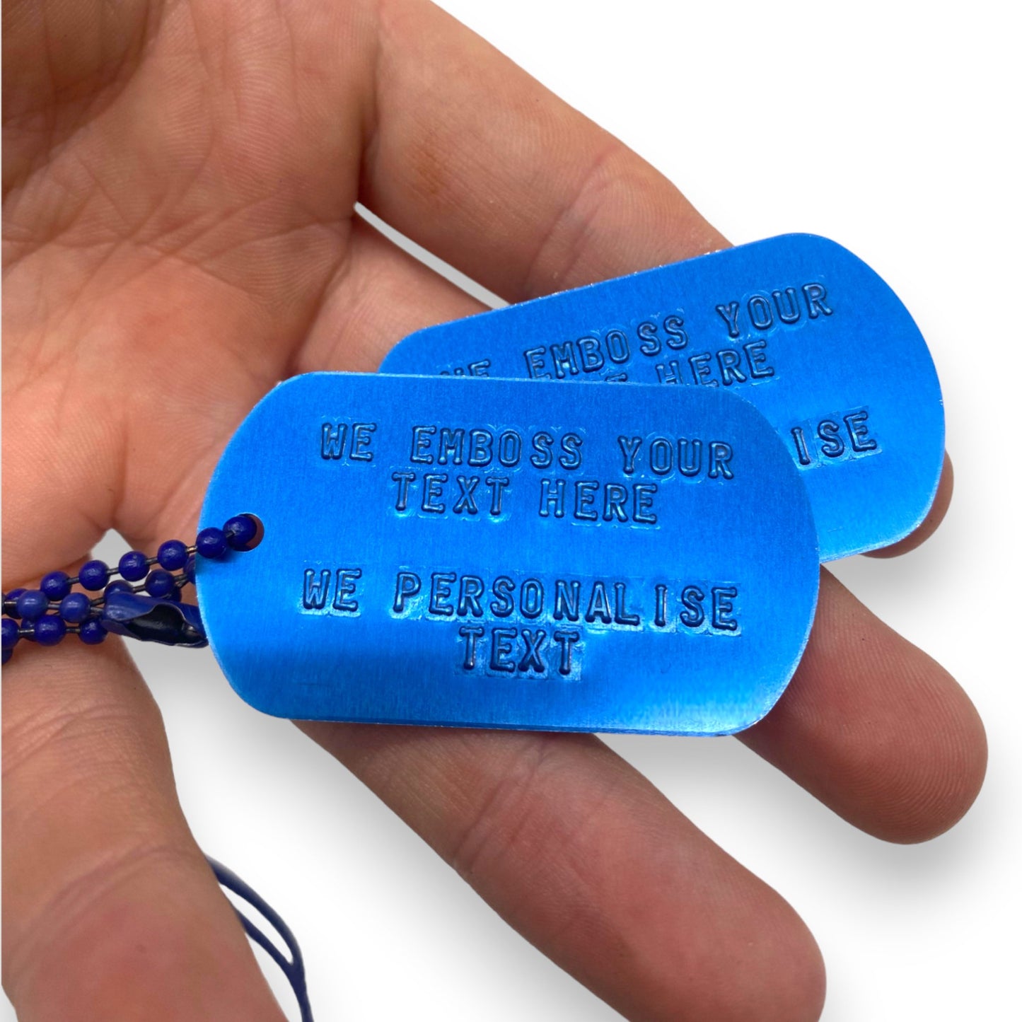 Personalised Blue Anodized Aluminium Dog Tags US Army Style Custom Embossed Gift Set with Ball Chains - TheDogTagCo