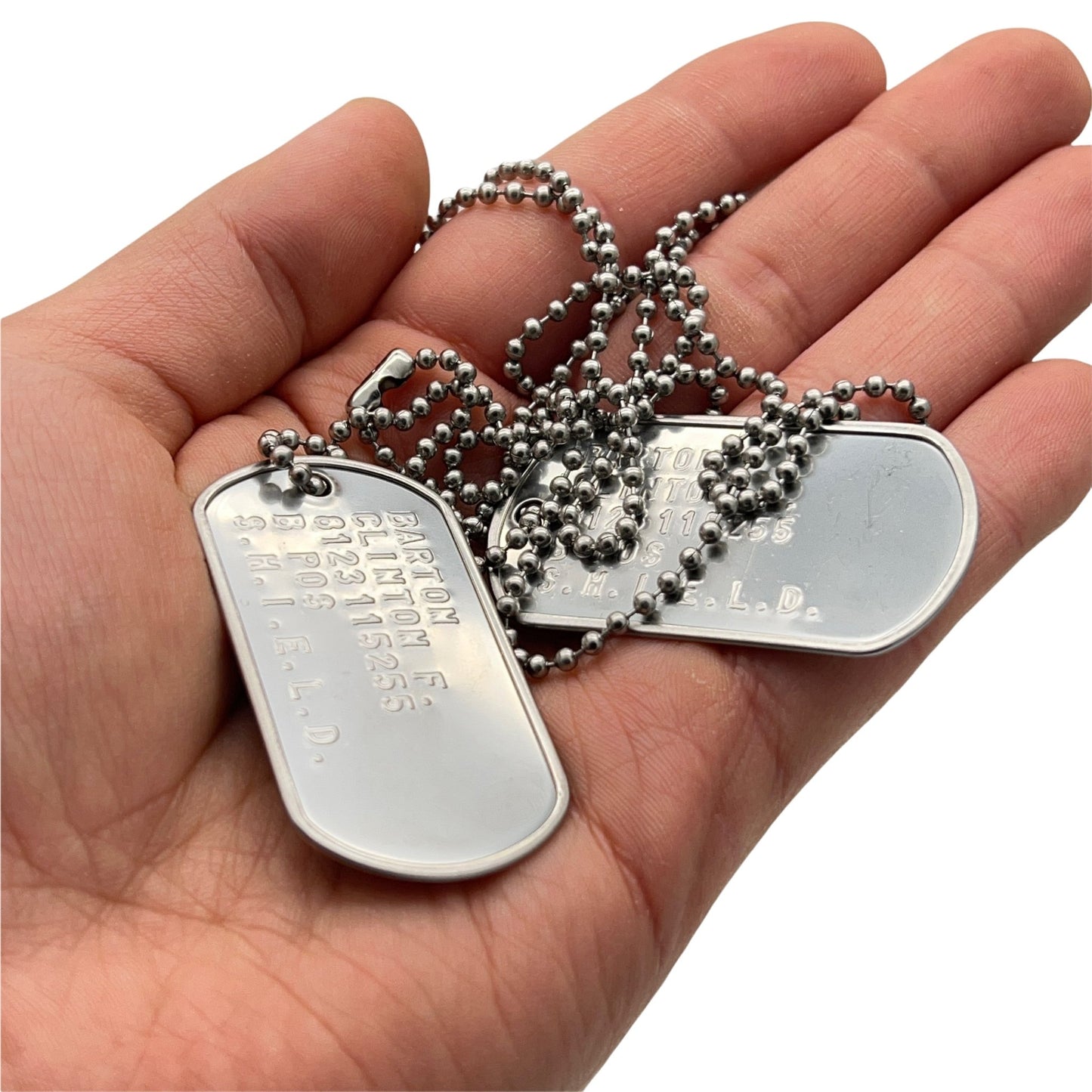 Barton Clinton 'HAWKEYE' Military Dog Tags - Costume Cosplay Prop Replica - Stainless Steel Chains Included - TheDogTagCo