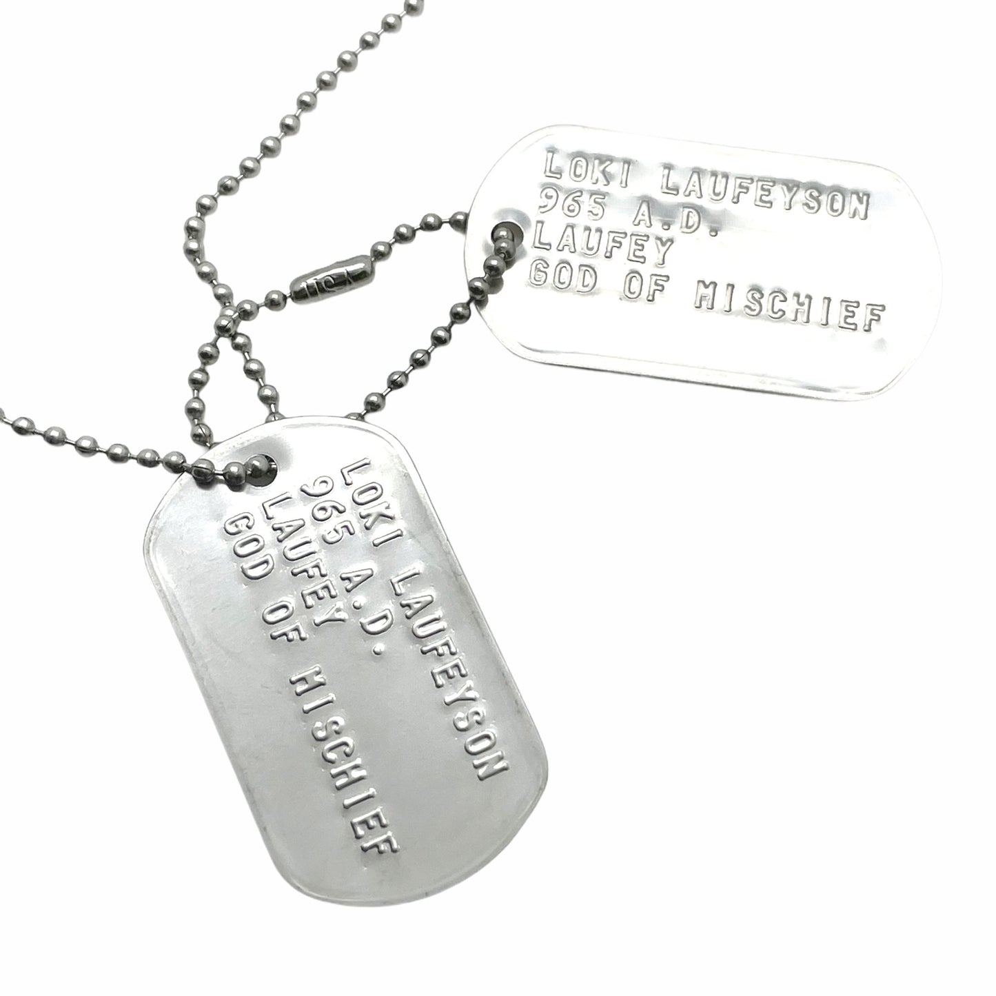 'GOD OF MISCHIEF' LOKI Military Dog Tags - Cosplay Costume Prop Replica - Stainless Steel Chains Included - TheDogTagCo