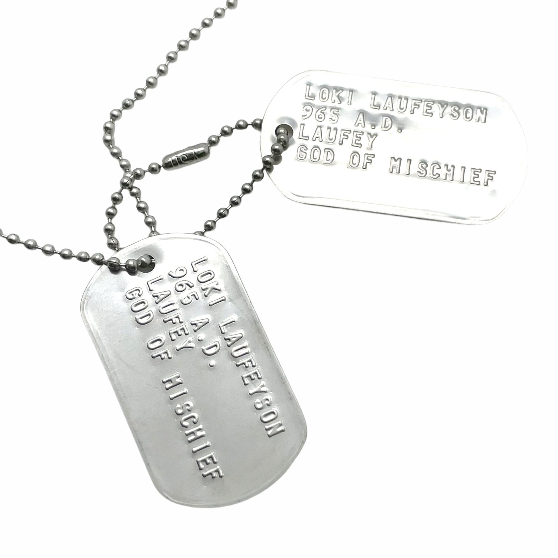'GOD OF MISCHIEF' LOKI Military Dog Tags - Cosplay Costume Prop Replica - Stainless Steel Chains Included - TheDogTagCo