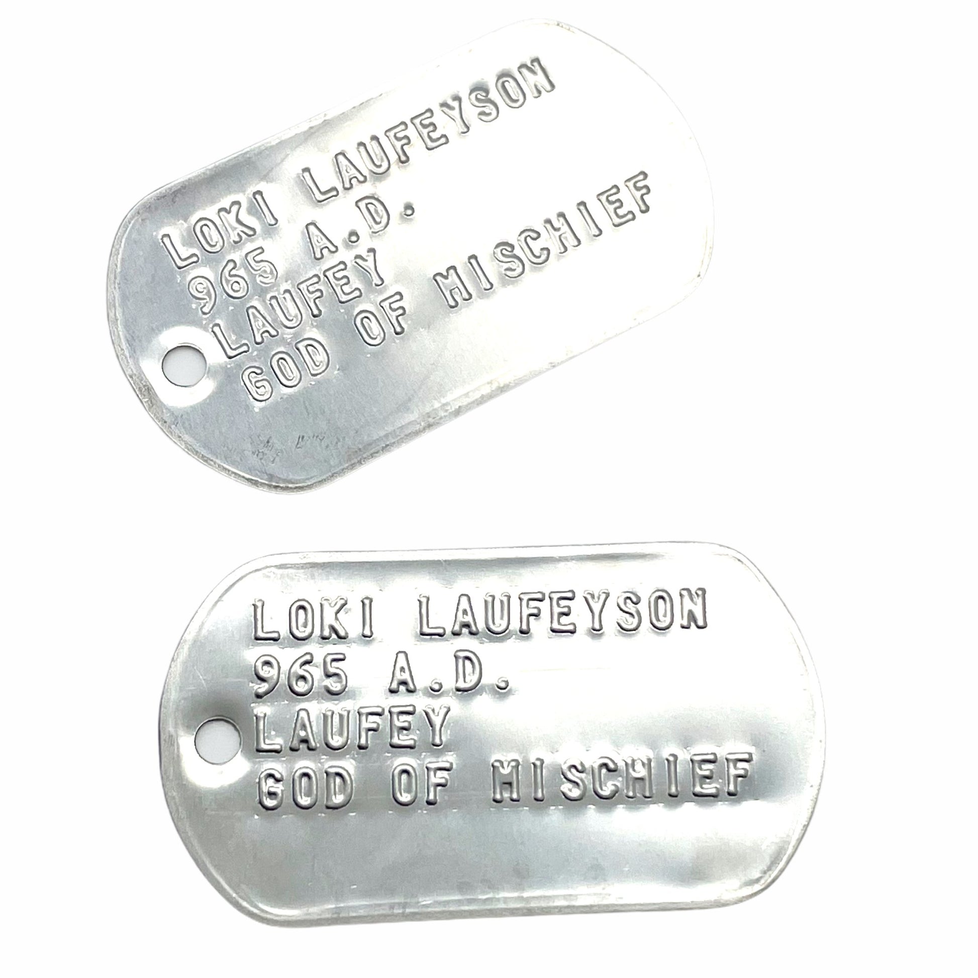 'GOD OF MISCHIEF' LOKI Military Dog Tags - Cosplay Costume Prop Replica - Stainless Steel Chains Included - TheDogTagCo