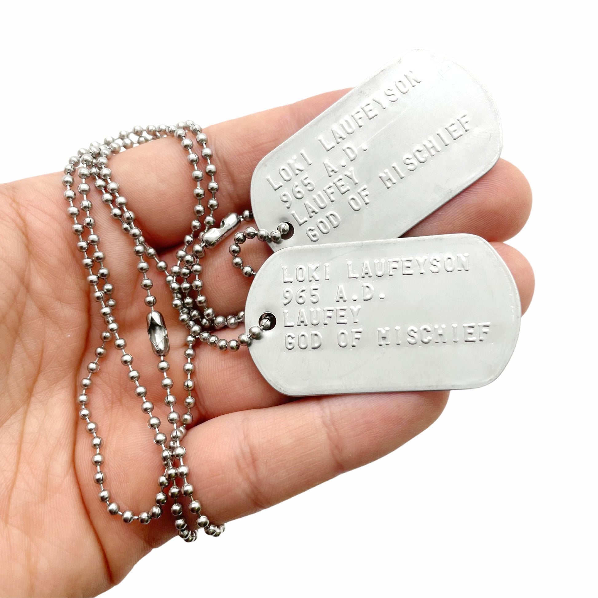 'GOD OF MISCHIEF' LOKI Military Dog Tags - Cosplay Costume Prop Replica - Stainless Steel Chains Included - TheDogTagCo