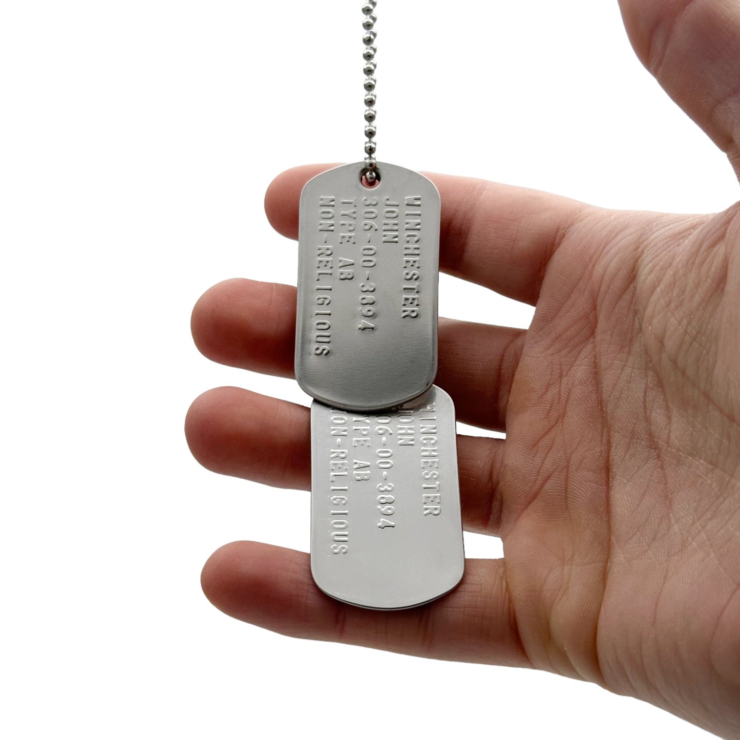 'John Winchester' Dog Tags - Costume Cosplay Prop Replica Military - Stainless Steel Chains Included - TheDogTagCo