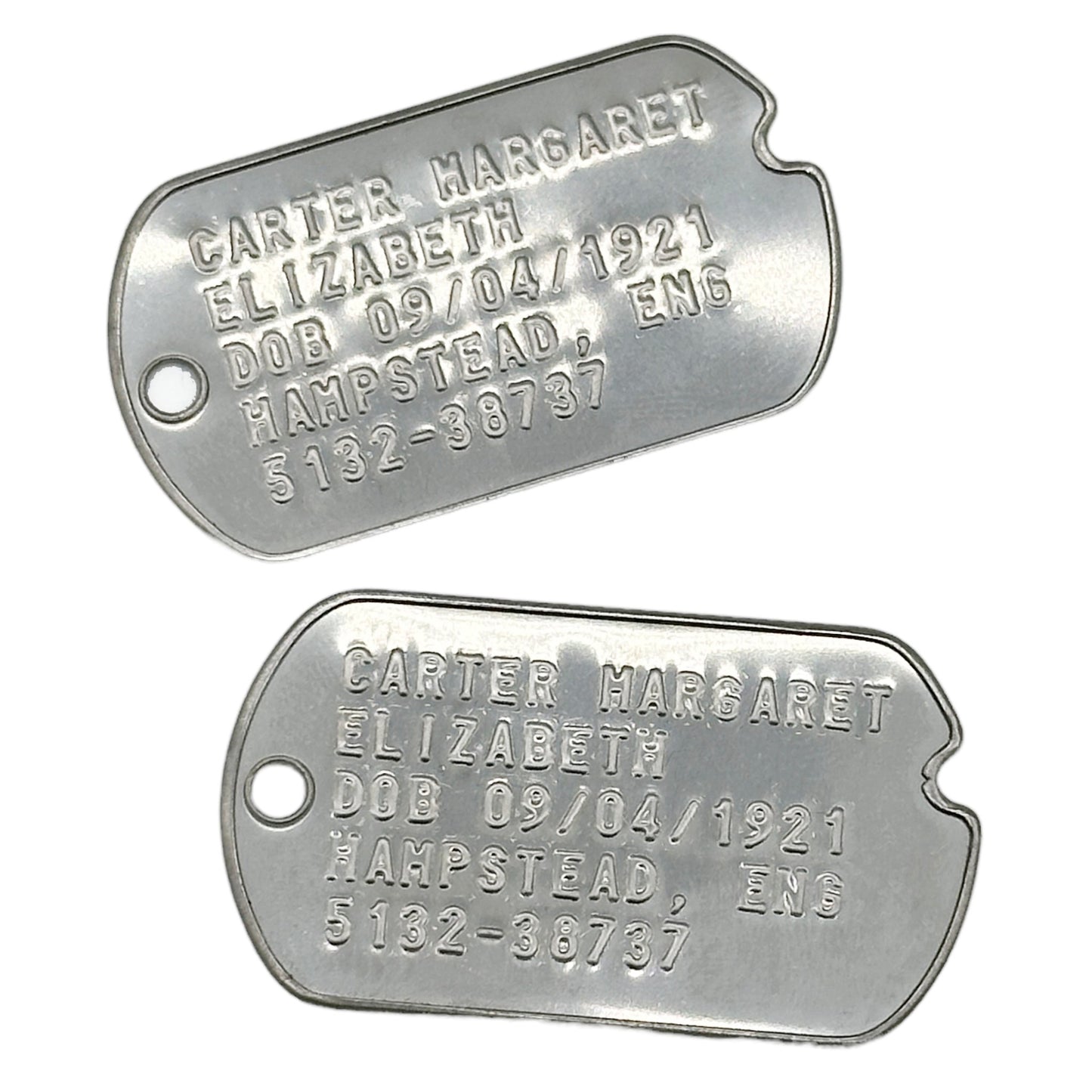 Margaret Elizabeth 'Peggy' Carter WWII Style Military Dog Tags Prop Replica - Notched pre 1965 WW2 - Stainless Steel - Chain Included - TheDogTagCo
