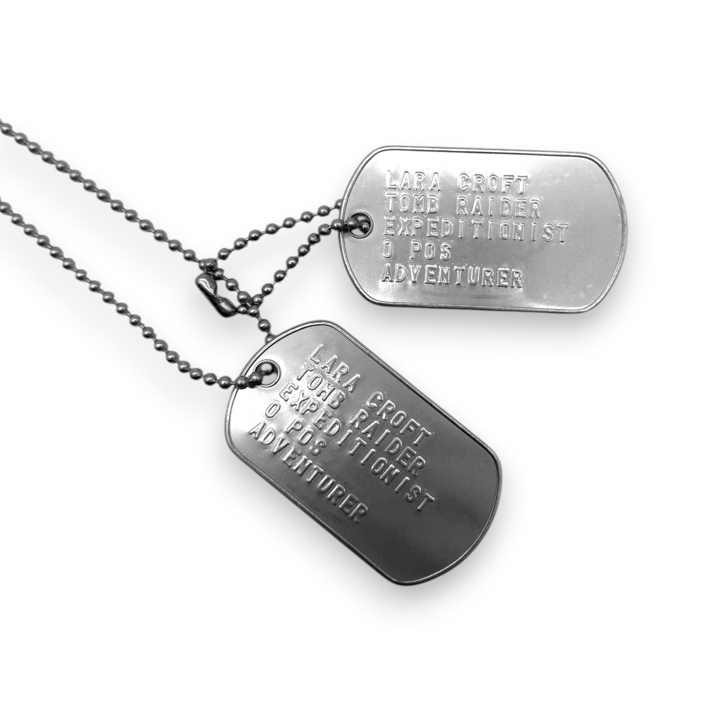 'LARA CROFT' Dog Tags - Costume Cosplay Prop Replica Military - Stainless Steel Chains Included