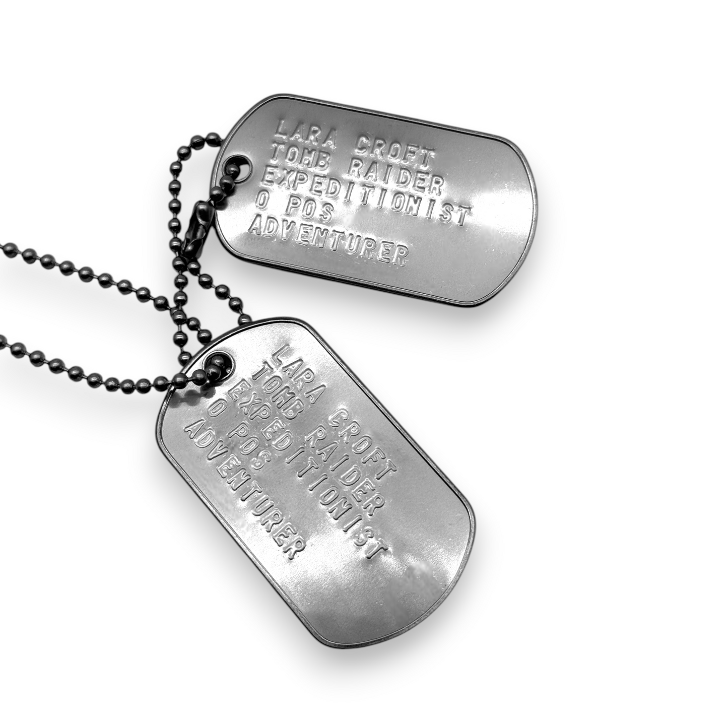 'LARA CROFT' Dog Tags - Costume Cosplay Prop Replica Military - Stainless Steel Chains Included