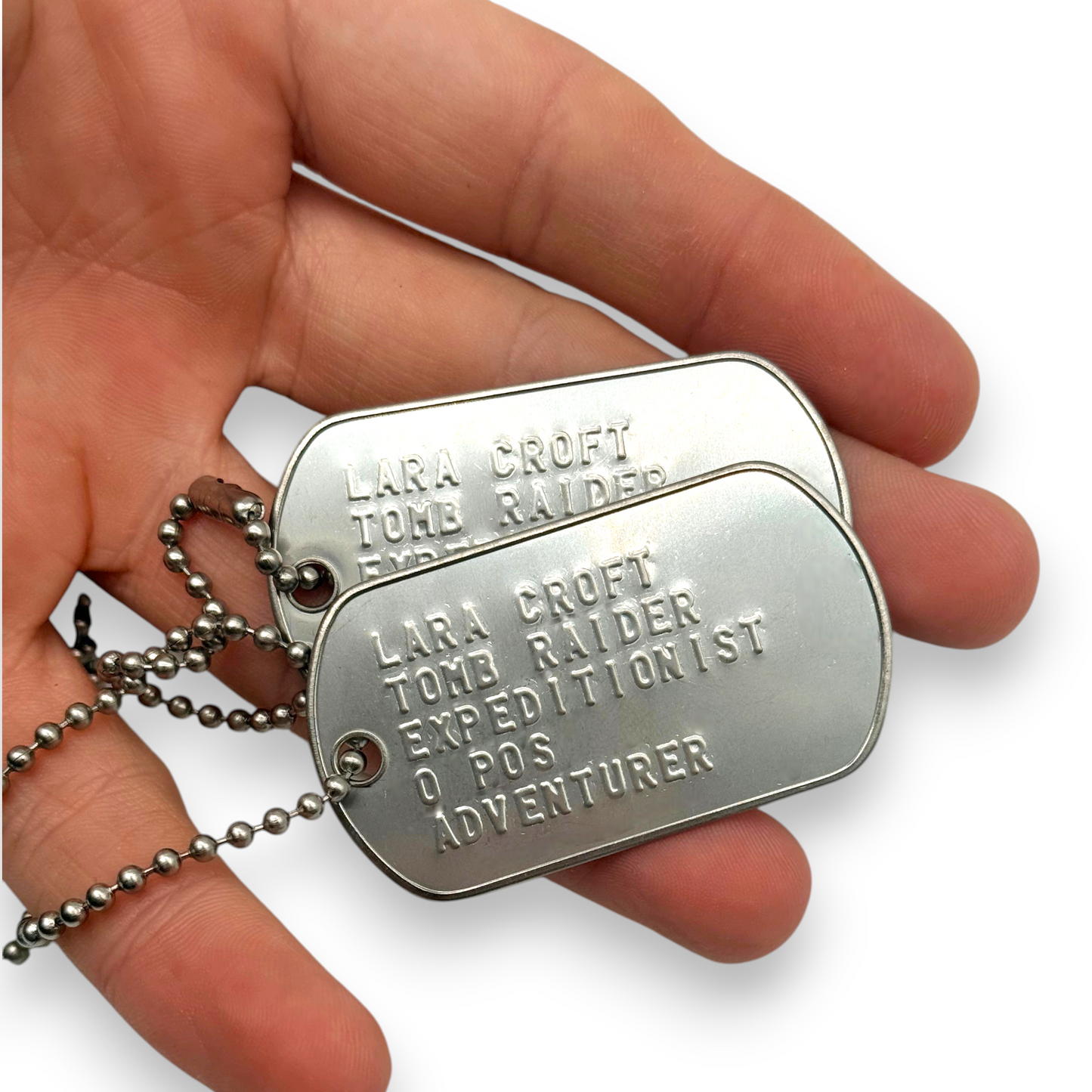 'LARA CROFT' Dog Tags - Costume Cosplay Prop Replica Military - Stainless Steel Chains Included