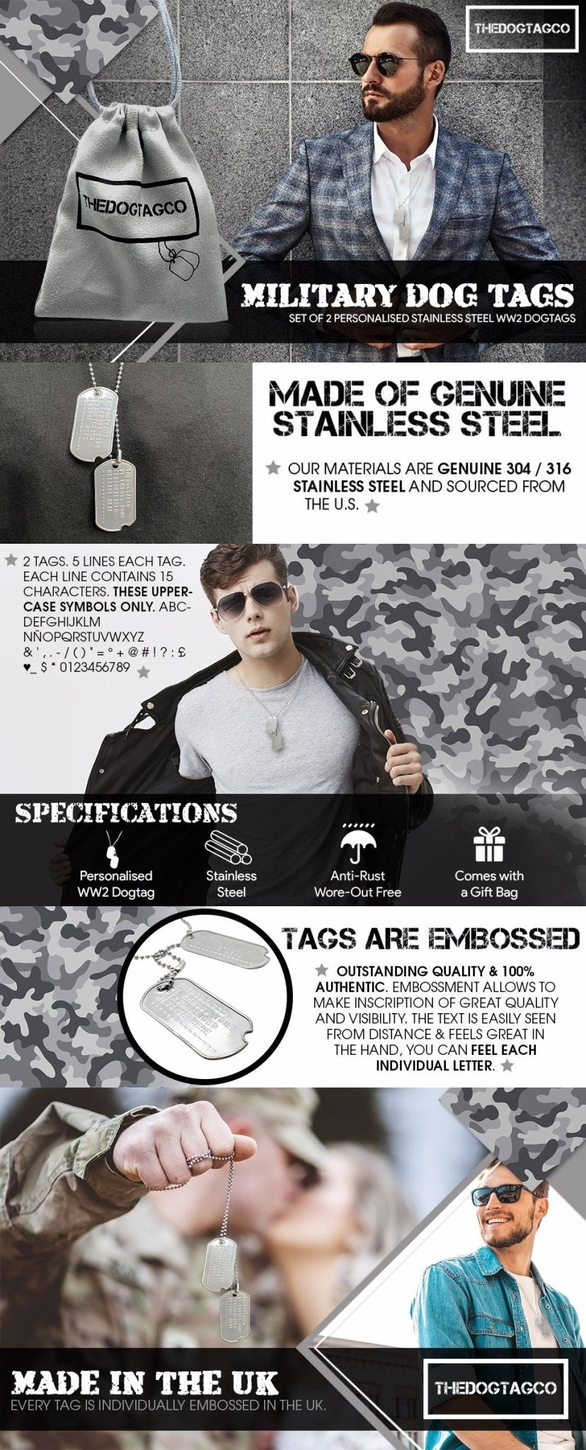 Authentic Personalised PAIR US Military Embossed Stainless Steel Dog Tags Set - 1975 To Present Day - TheDogTagCo