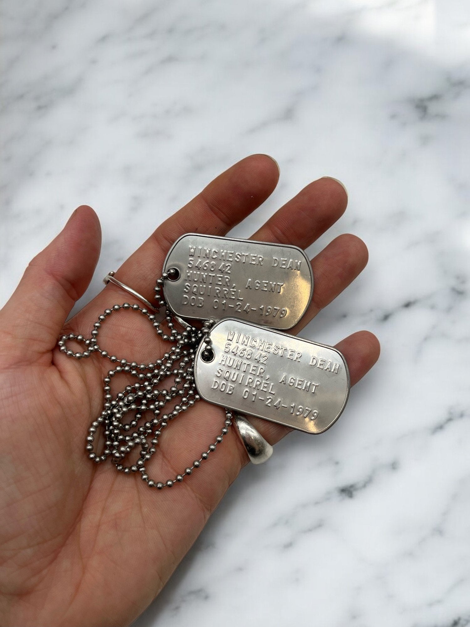 'DEAN WINCHESTER' Military Dog Tags - Cosplay Costume Prop Replica - Stainless Steel Chains Included (Copy) - TheDogTagCo