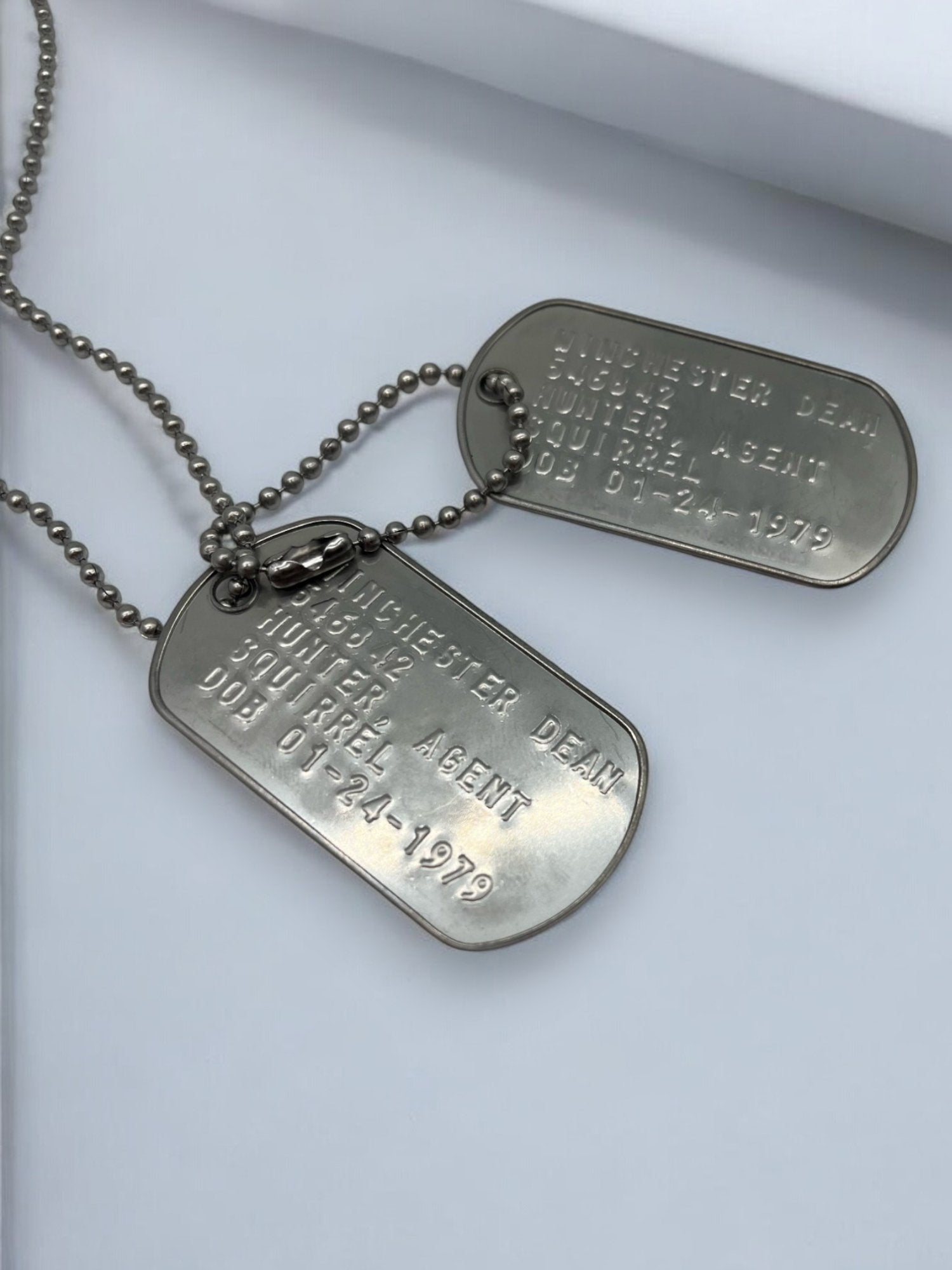 'DEAN WINCHESTER' Military Dog Tags - Cosplay Costume Prop Replica - Stainless Steel Chains Included (Copy) - TheDogTagCo