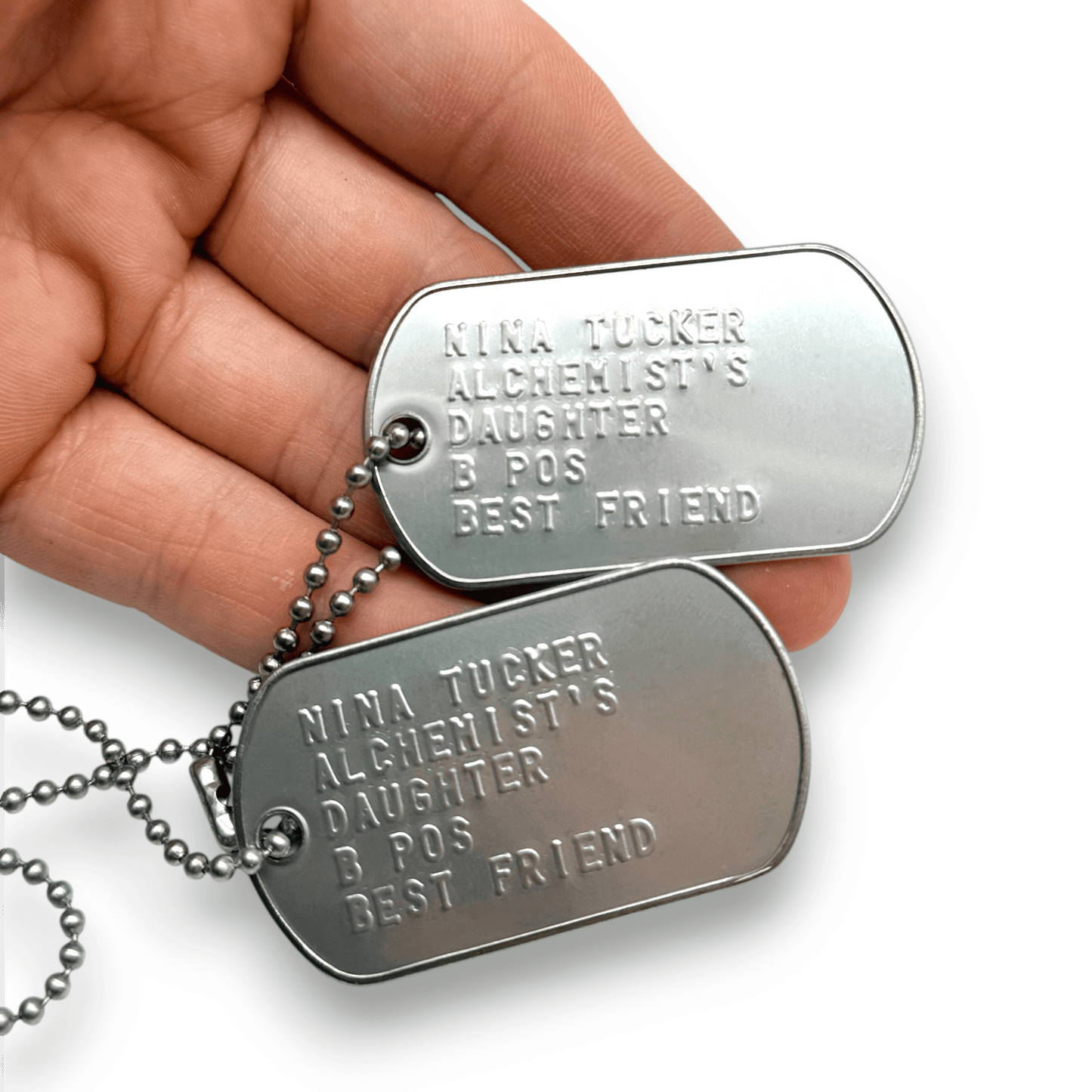 'NINA TUCKER' Dog Tags - Costume Cosplay Prop Replica Military - Stainless Steel Chains Included - TheDogTagCo