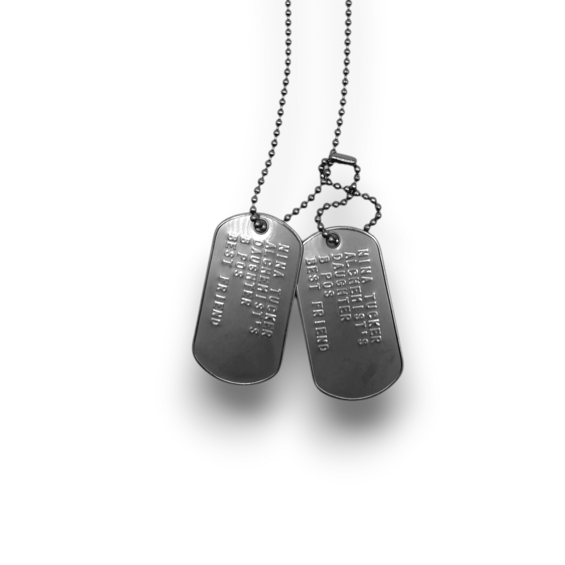 'NINA TUCKER' Dog Tags - Costume Cosplay Prop Replica Military - Stainless Steel Chains Included - TheDogTagCo