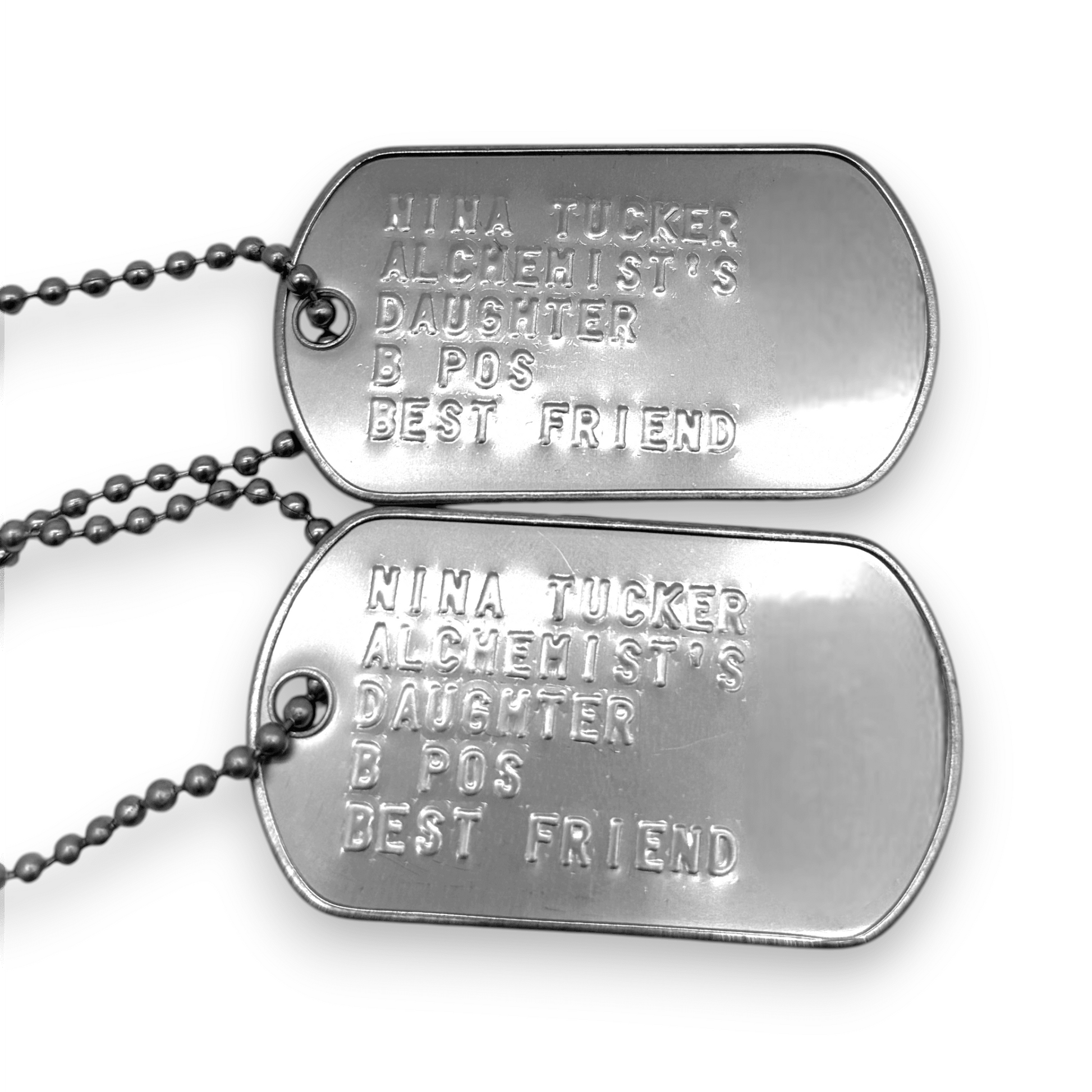 'NINA TUCKER' Dog Tags - Costume Cosplay Prop Replica Military - Stainless Steel Chains Included - TheDogTagCo