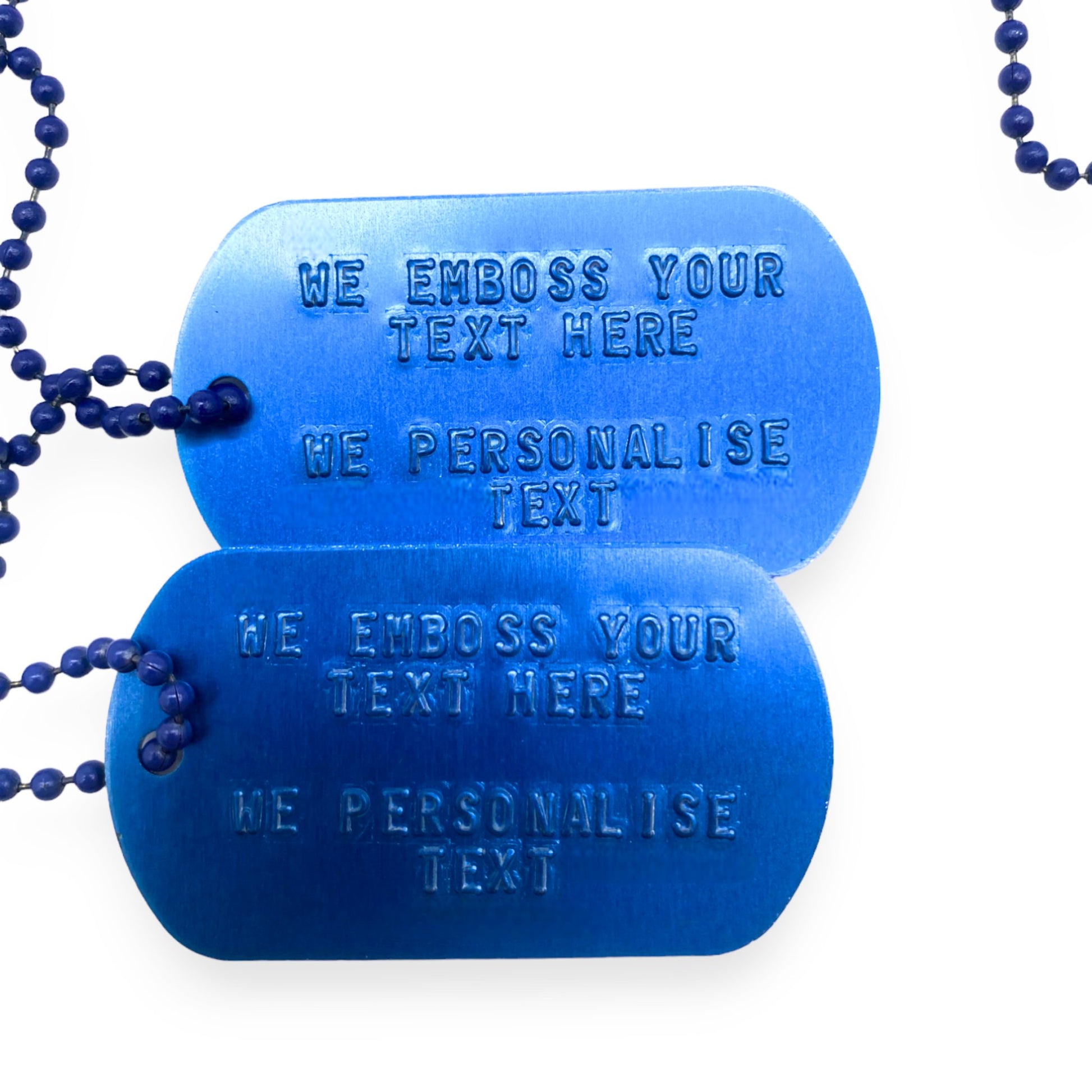 Personalised Blue Anodized Aluminium Dog Tags US Army Style Custom Embossed Gift Set with Ball Chains - TheDogTagCo
