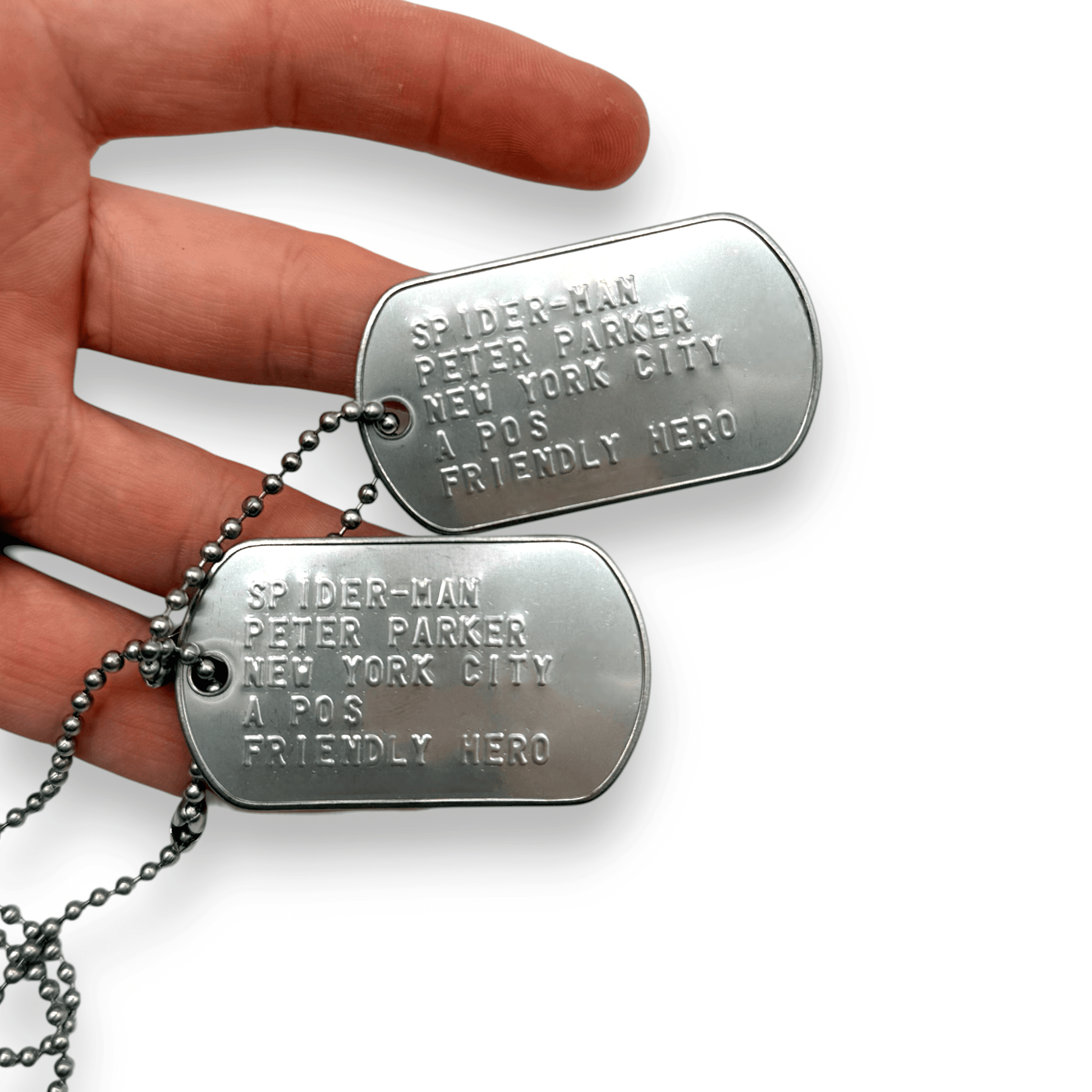 PETER PARKER 'SPIDERMAN' Dog Tags - Costume Cosplay Prop Replica Military - Stainless Steel Chains Included - TheDogTagCo