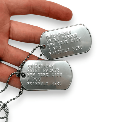 PETER PARKER 'SPIDERMAN' Dog Tags - Costume Cosplay Prop Replica Military - Stainless Steel Chains Included - TheDogTagCo
