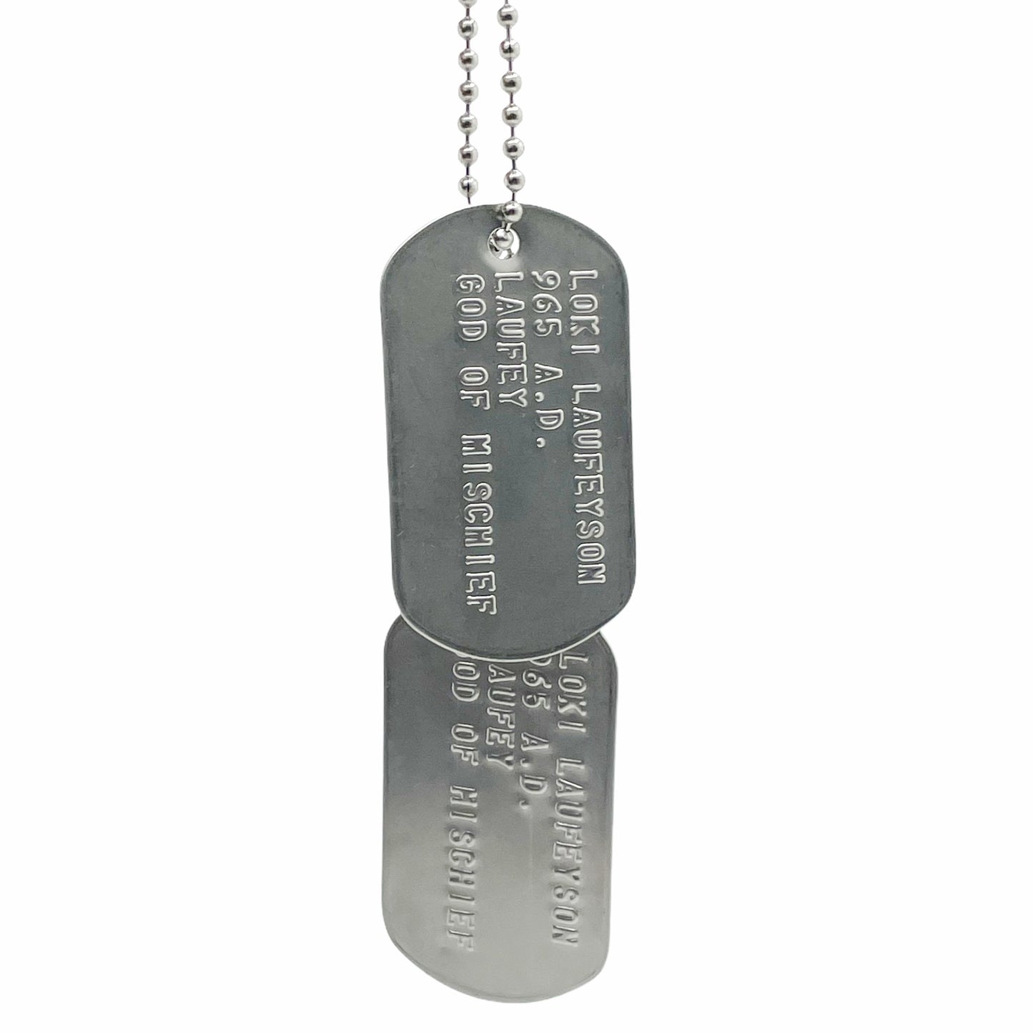 'GOD OF MISCHIEF' LOKI Military Dog Tags - Cosplay Costume Prop Replica - Stainless Steel Chains Included - TheDogTagCo