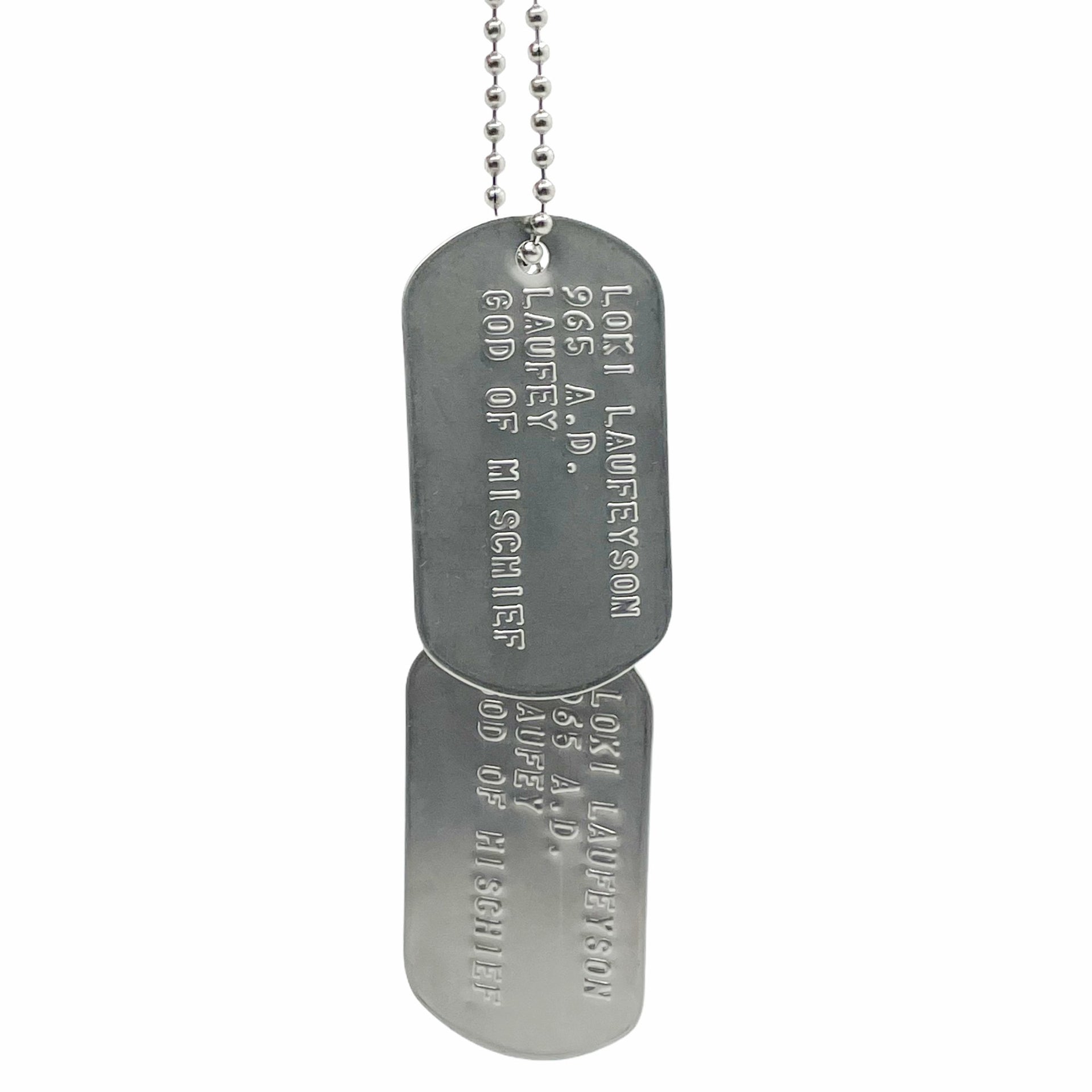 'GOD OF MISCHIEF' LOKI Military Dog Tags - Cosplay Costume Prop Replica - Stainless Steel Chains Included
