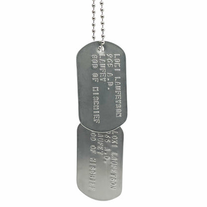 'GOD OF MISCHIEF' LOKI Military Dog Tags - Cosplay Costume Prop Replica - Stainless Steel Chains Included - TheDogTagCo