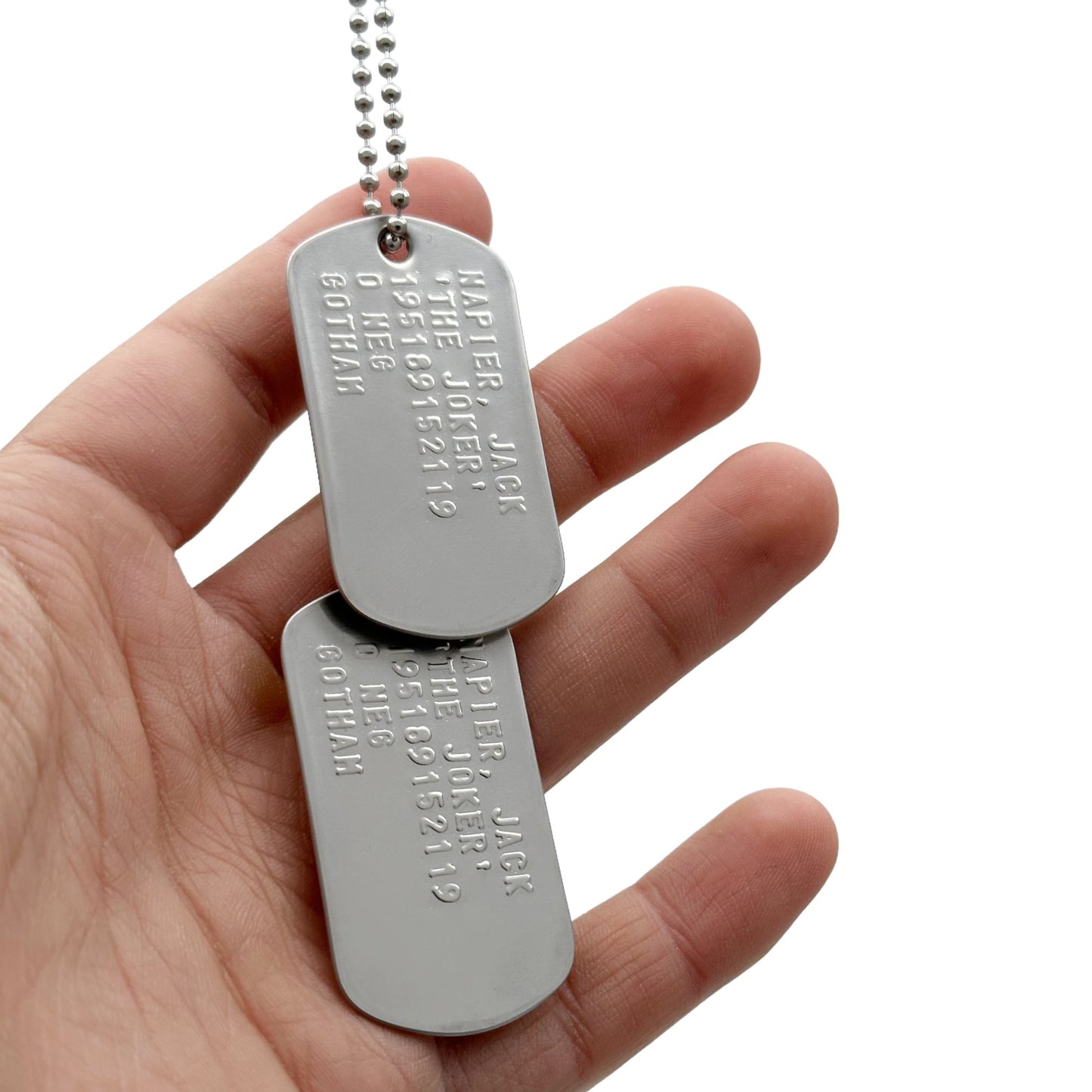 Jack Napier 'JOKER' Dog Tags - Costume Cosplay Prop Replica Military - Stainless Steel Chains Included - TheDogTagCo