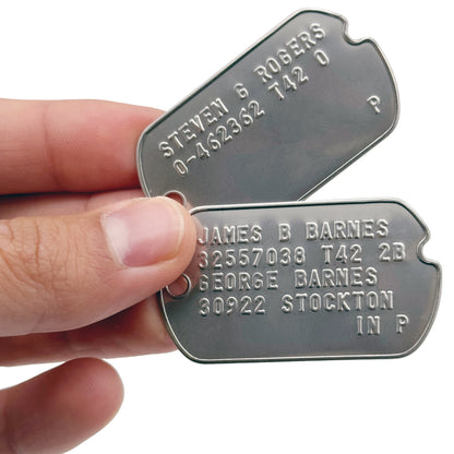 James Bucky Barnes x Steven Rogers 'Captain America' WWII Style Military Dog Tags Prop Replica - Notched pre 1965 WW2 - Stainless Steel - Chain Included - TheDogTagCo