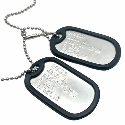 JOHN JAMES RAMBO Military Dog Tags Set Costume Prop Replica - Stainless Steel - Chain Included - TheDogTagCo