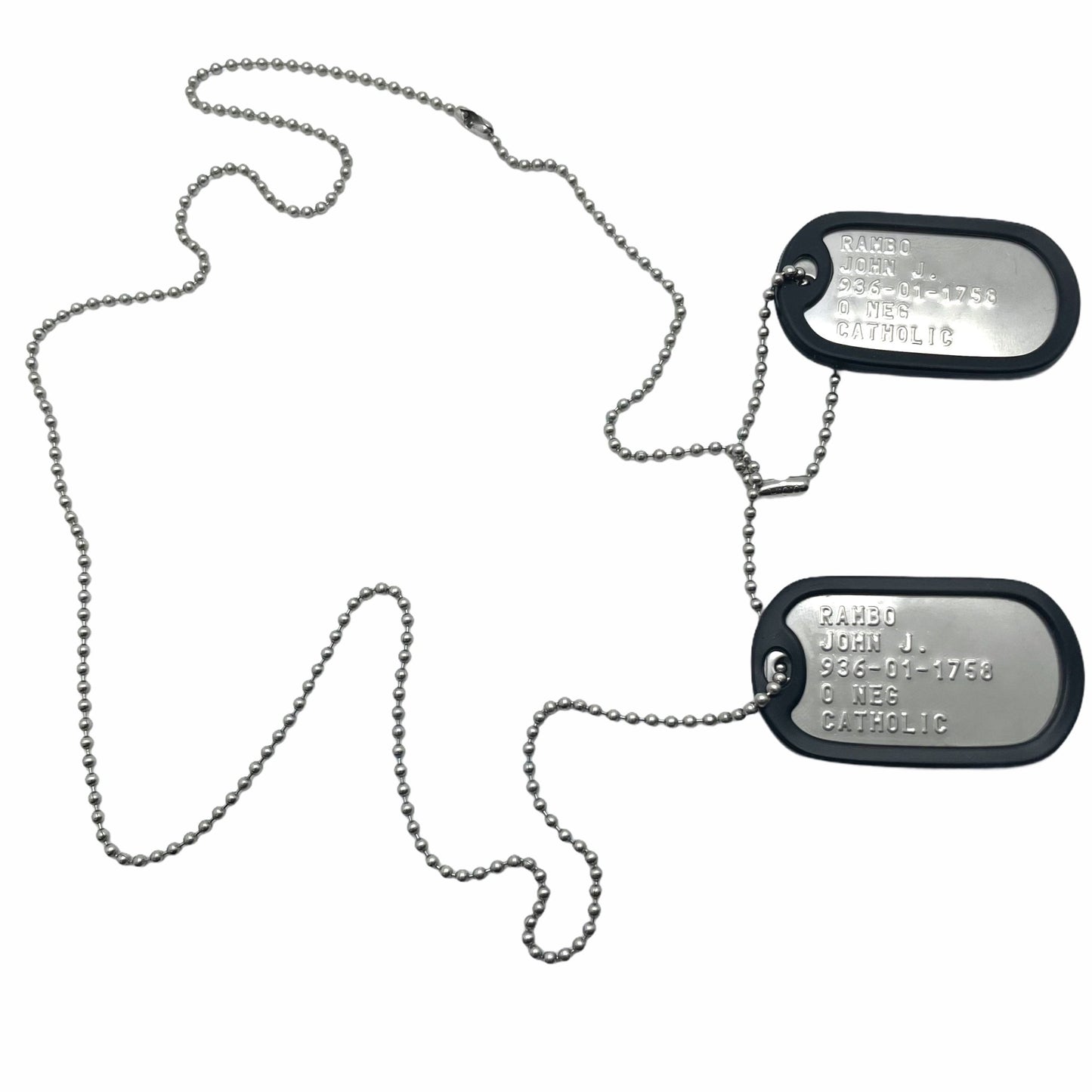 JOHN JAMES RAMBO Military Dog Tags Set Costume Prop Replica - Stainless Steel - Chain Included - TheDogTagCo