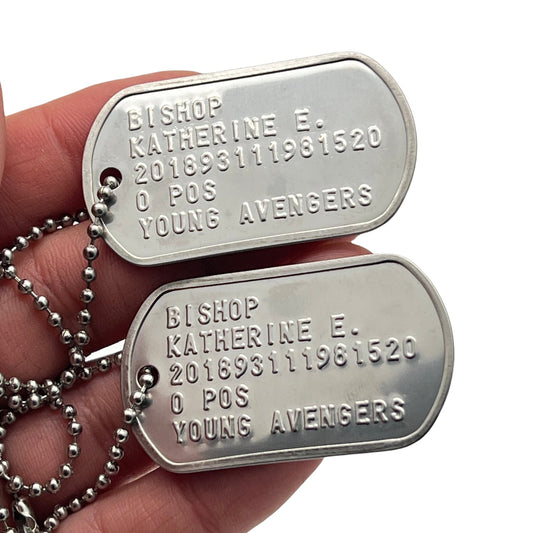 Kate Bishop 'HAWKEYE' Military Dog Tags - Costume Cosplay Prop Replica - Stainless Steel Chains Included - TheDogTagCo