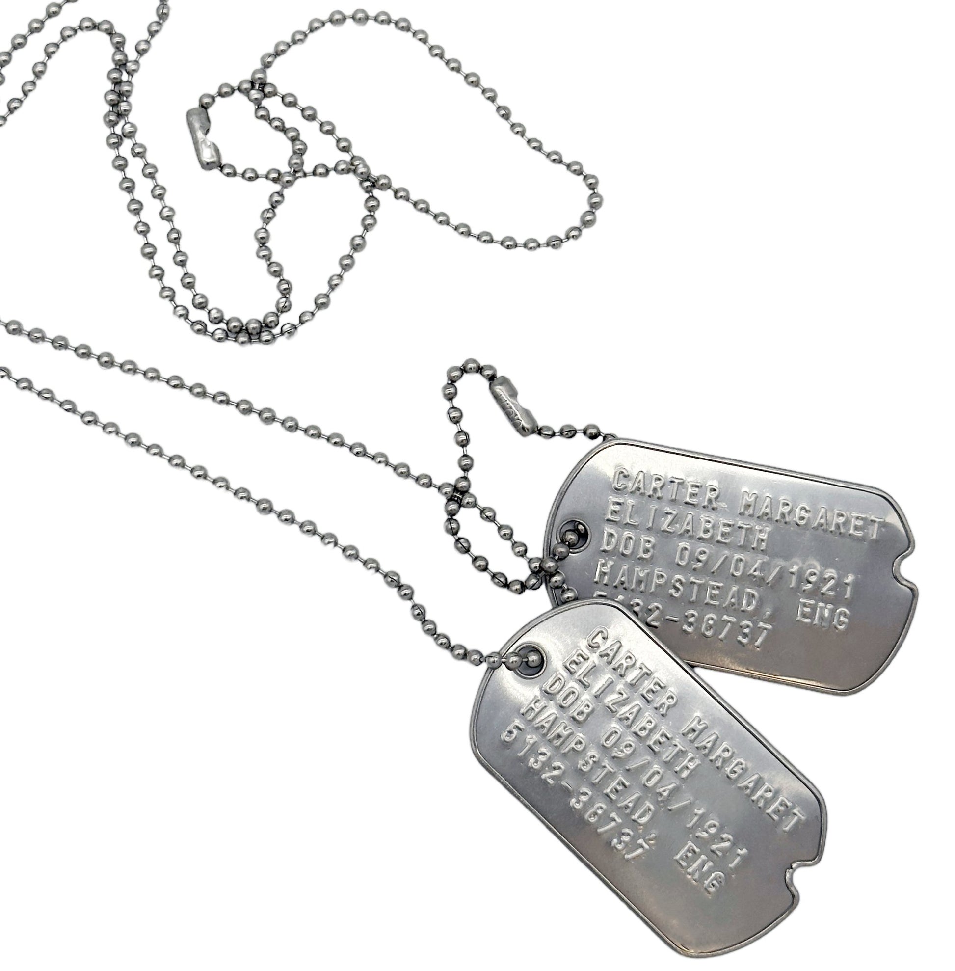 Margaret Elizabeth 'Peggy' Carter WWII Style Military Dog Tags Prop Replica - Notched pre 1965 WW2 - Stainless Steel - Chain Included - TheDogTagCo