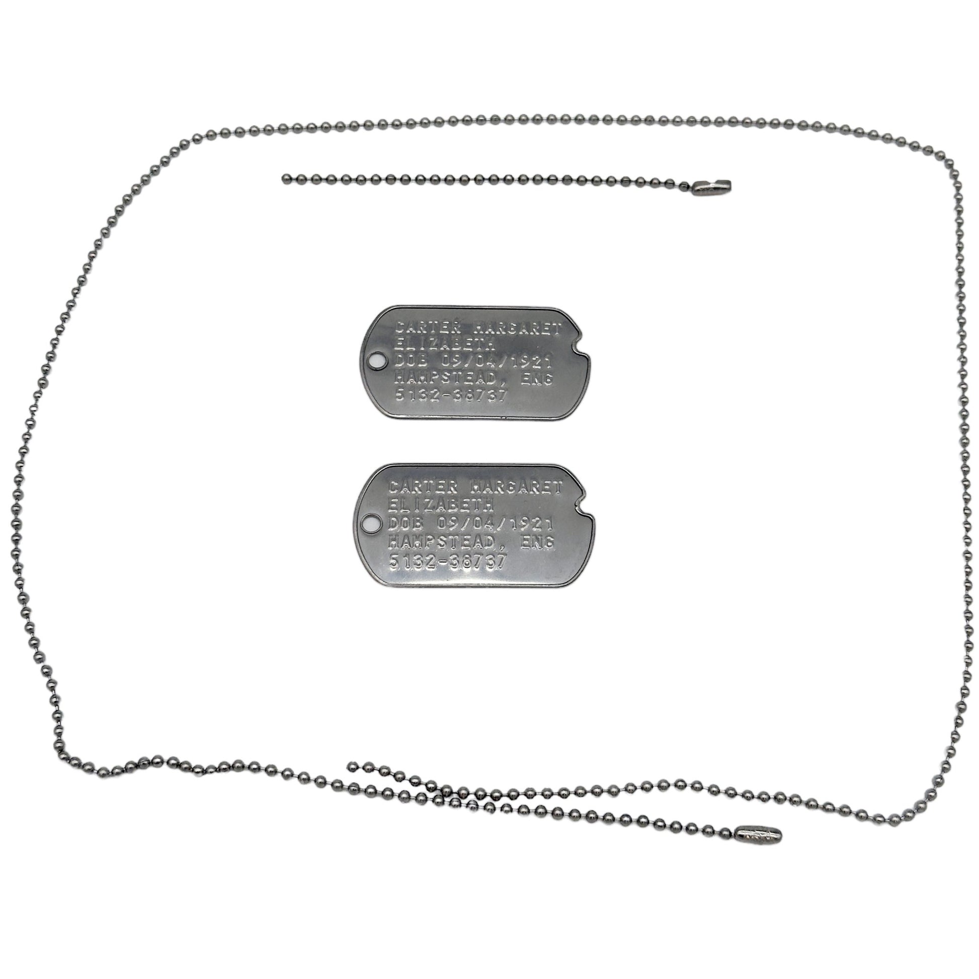 Margaret Elizabeth 'Peggy' Carter WWII Style Military Dog Tags Prop Replica - Notched pre 1965 WW2 - Stainless Steel - Chain Included - TheDogTagCo