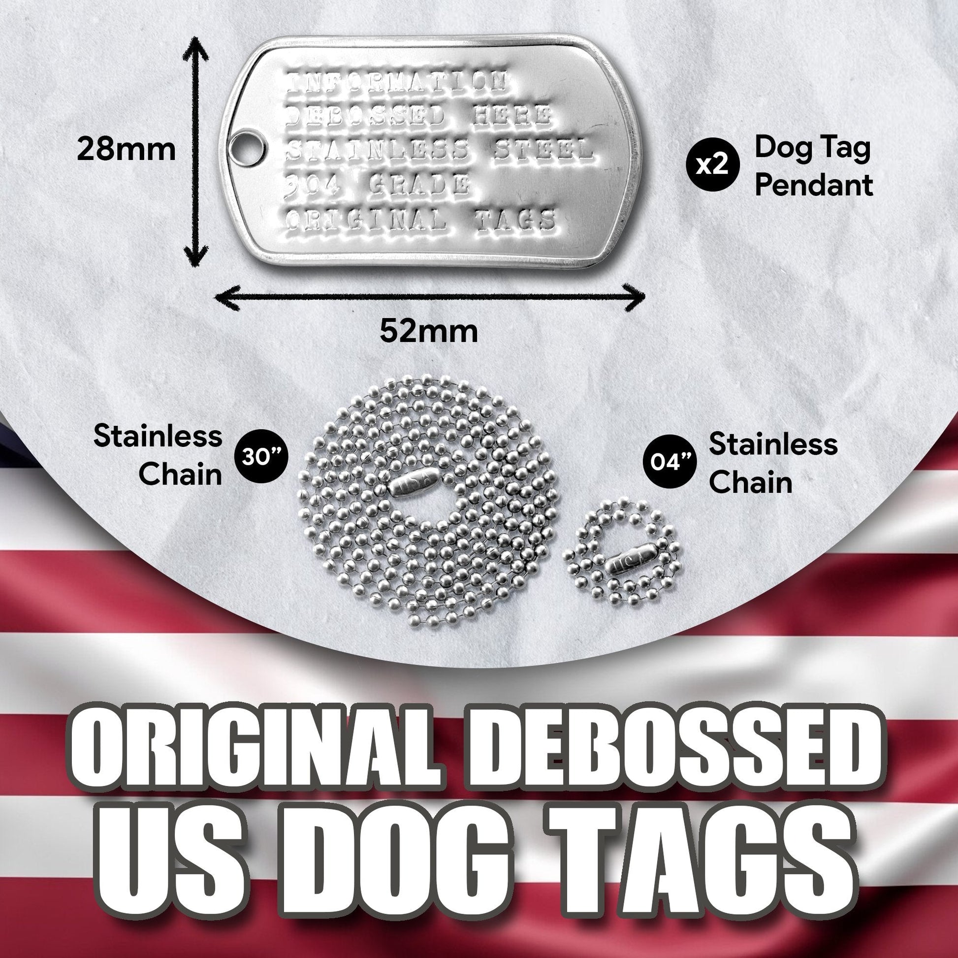 PERSONALISED DEBOSSED US-Spec Military Dog Tags Set Chains 304