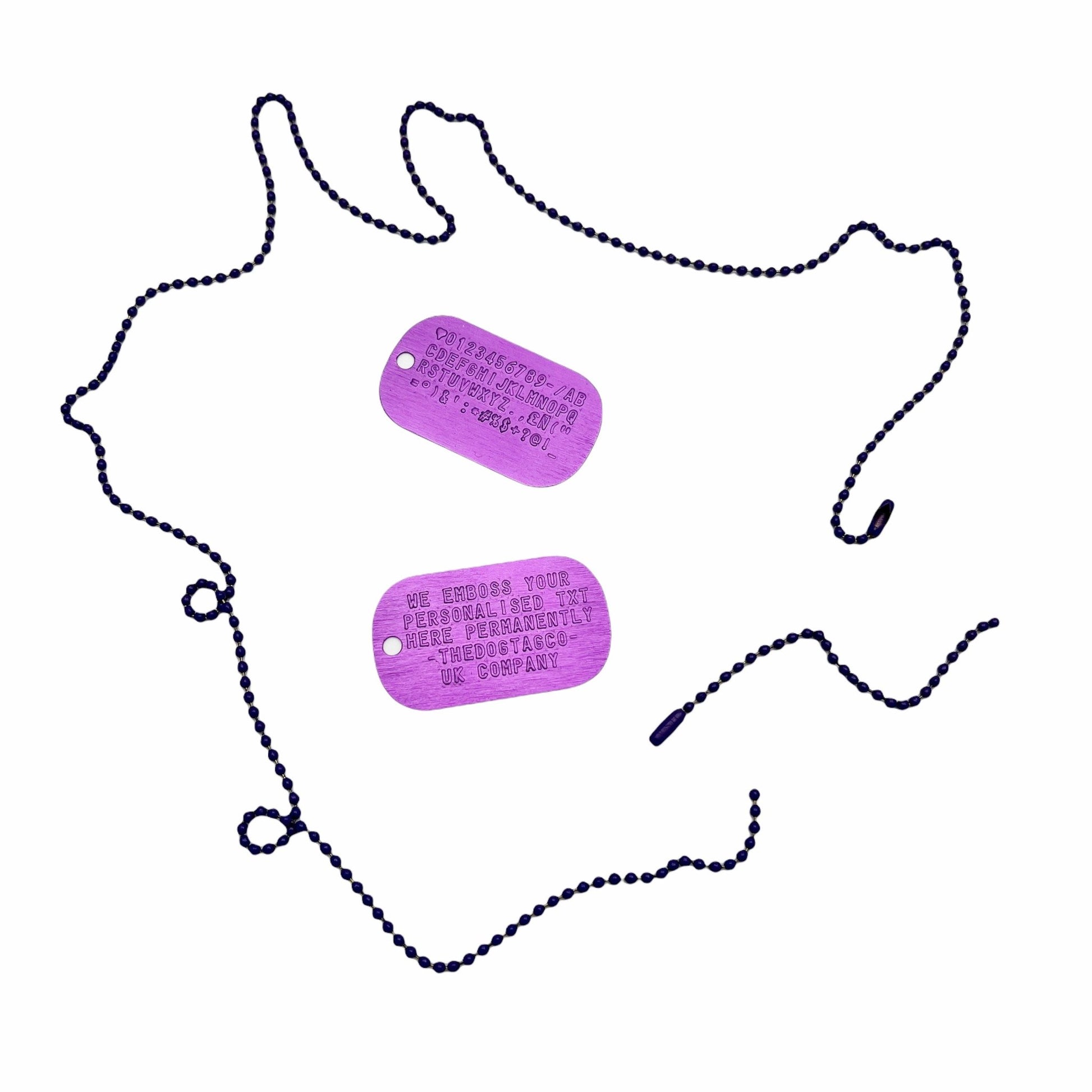 Purple Personalised ID Dog Tag Army PAIR Set with Purple Chains (made to order) - TheDogTagCo