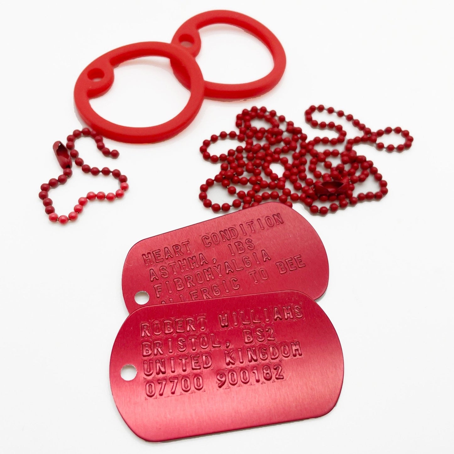 U.s. military set personalised army dog tags red anodized aluminium - chain & silencer included - made to order - TheDogTagCo