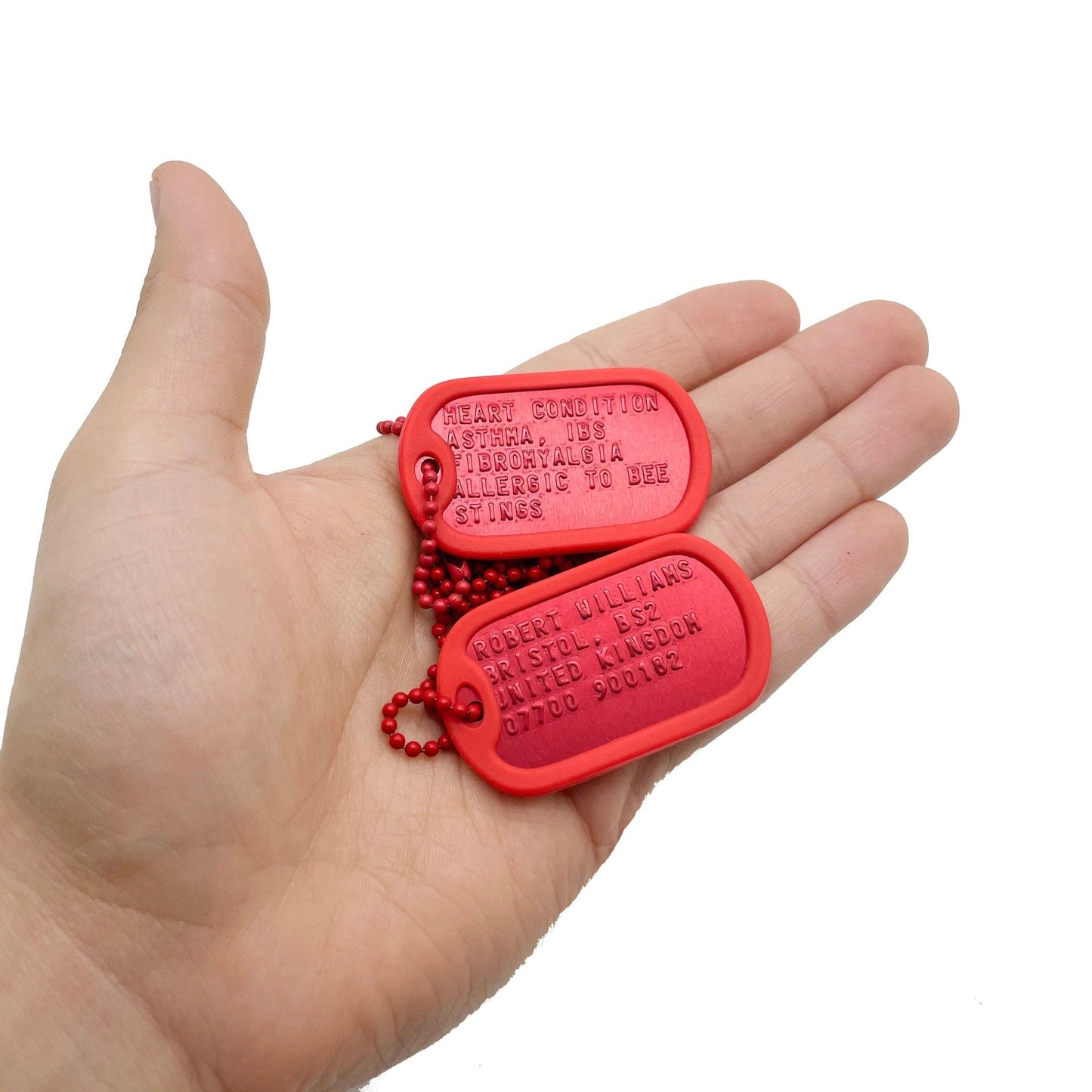 U.s. military set personalised army dog tags red anodized aluminium - chain & silencer included - made to order - TheDogTagCo
